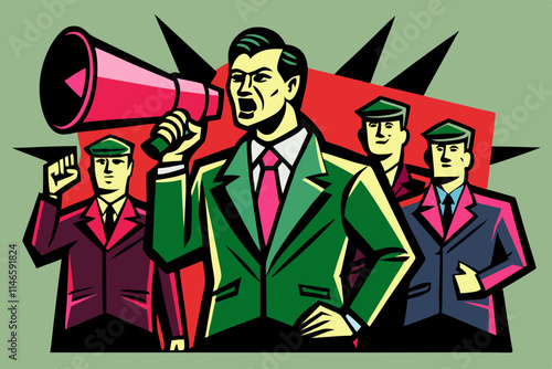 Boss commanding officers into a megaphone vector image, Isolated on white background.
