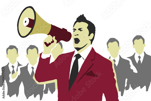 Boss commanding officers into a megaphone vector image, Isolated on white background.
