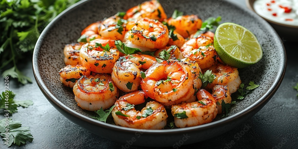 Grilled shrimps or prawns served with lime, garlic and white sauce on a dark concrete background. Seafood. Top view with copy space. Flat lay Grilled shrimps or prawns served with lime, garlic and white sauce on a dark concrete background. Seafood. Top view with copy space. Flat lay