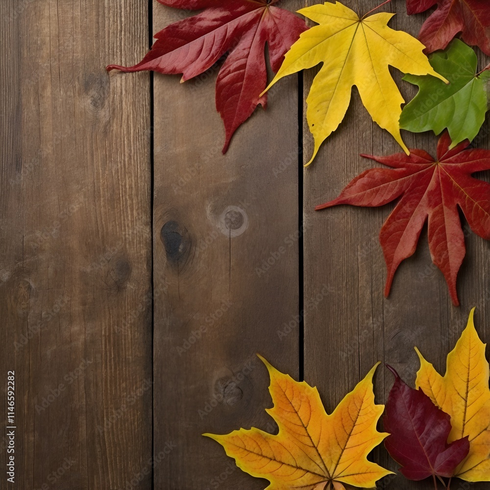 Obraz premium Colorful maple leaves on wooden background.