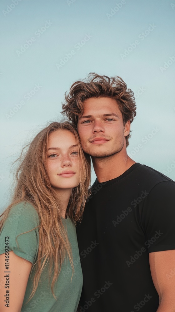 Young couple standing close together outdoors with a soft blue sky in the background. Portrait concept of love and togetherness Young couple standing close together outdoors with a soft blue sky in the background. Portrait concept of love and togetherness