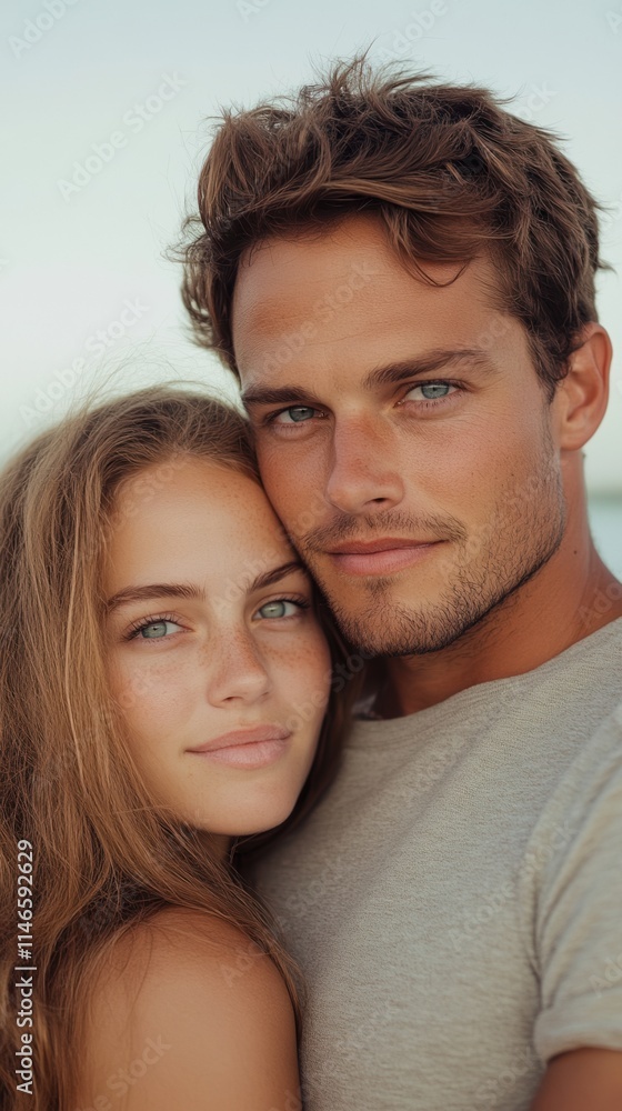 Close-up portrait of a young couple embracing outdoors with a soft blue background. Concept of love, affection, and connection for design and print Close-up portrait of a young couple embracing outdoors with a soft blue background. Concept of love, affection, and connection for design and print