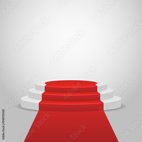 White podium with red carpet on light grey background. White pedestal with red carpet.	