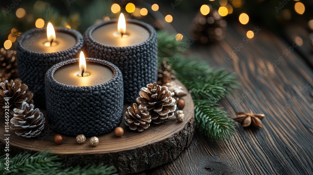 Cozy candle arrangement with pine cones and festive decor Cozy candle arrangement with pine cones and festive decor