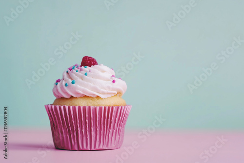 cupcake with pink frosting Cbackground photo