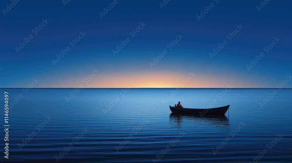 Serenity at Sea: Lone Boat at Sunset Serenity at Sea: Lone Boat at Sunset