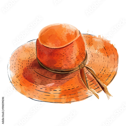 A watercolor vector of a bright orange sun hat, isolated on a white background. Bright orange sun hat vector.
