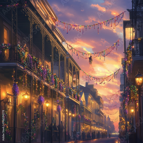 Iconic French Quarter street with glowing Mardi Gras decorations, garlands, and colorful beads under a picturesque sunset in New Orleans