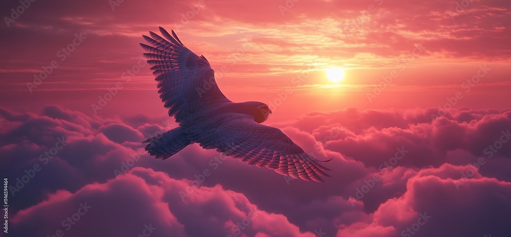 A bird gracefully soars through vibrant clouds at sunset.