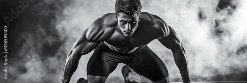 A focused male athlete in a crouching position ready to accelerate, captured in monochrome. photo