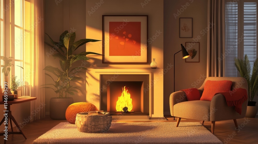 Fototapeta premium cozy living room with fireplace and sunset light