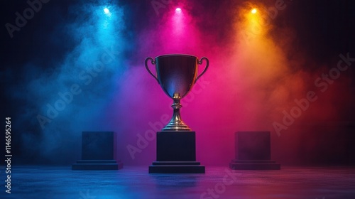 A golden trophy stands on a pedestal, illuminated by colorful lights in a smoky atmosphere, symbolizing achievement.