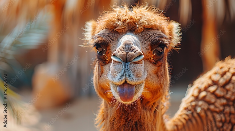Fototapeta premium Funny Camel Close-Up,&nbsp;Images of Wildlife in the Desert with Their Tongue Out, Generative Ai.