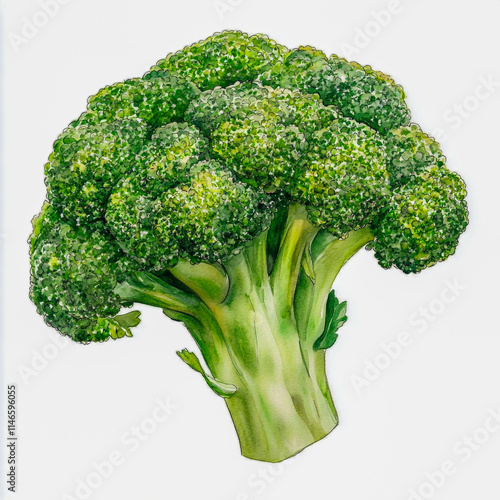 Watercolor illustration of a single broccoli floret white background. photo