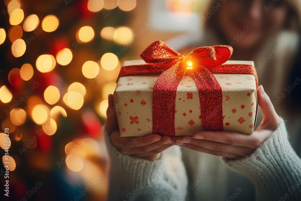 Gift Box Wrapped in Red Ribbon Held by Individual with Christmas Tree in Background, Soft Golden Lights Creating a Warm Holiday Atmosphere Gift Box Wrapped in Red Ribbon Held by Individual with Christmas Tree in Background, Soft Golden Lights Creating a Warm Holiday Atmosphere
