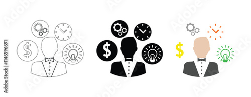 Idea icon set. Creative, business, solution, brainstorming, innovation. Creative business solutions related icon set. Creative idea flat line icon. Brain in lightbulb vector illustration.