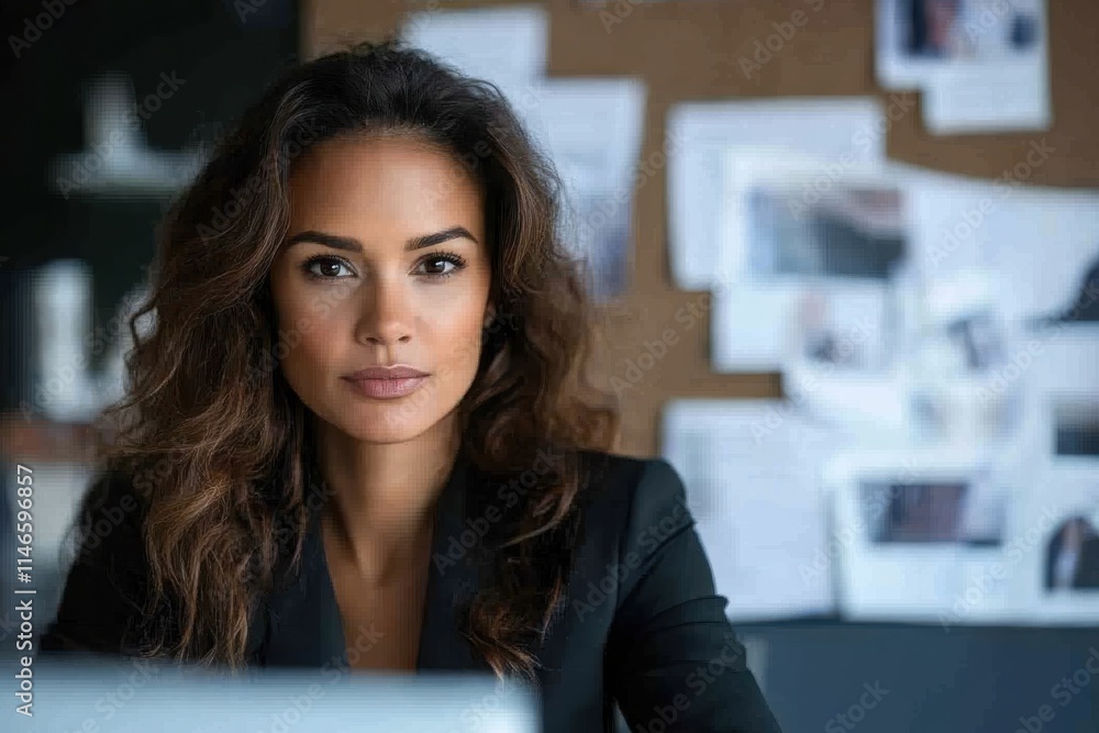 A confident woman with curly hair in a black suit poses thoughtfully, embodying professionalism and determination in a contemporary office environment filled with papers.