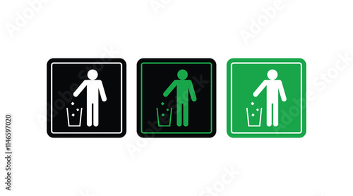 Bin icon set. Trash can collection. Put in trash icon vector. Tidy man mark icon symbol sign vector. o not litter icon, keep clean. trash icons and recycle signs