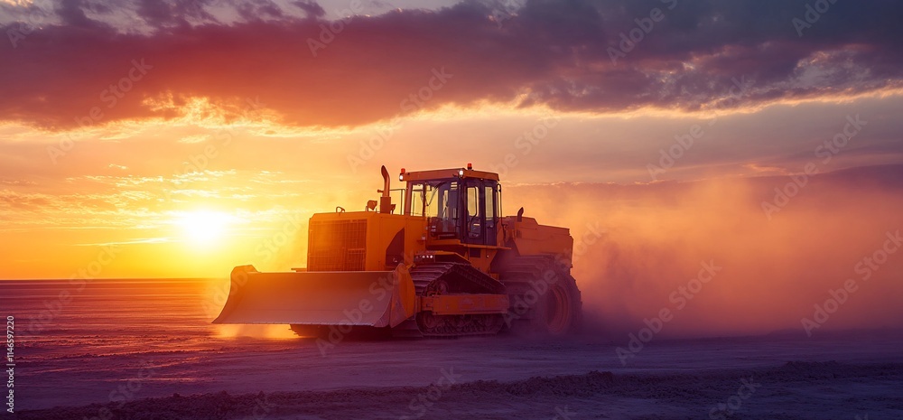 A bulldozer operates at sunset, creating dust in an industrial landscape. A bulldozer operates at sunset, creating dust in an industrial landscape.