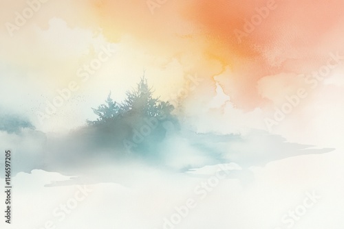 Serene Watercolor Landscape with Soft Hues of Orange, Blue, and Cream in an Ethereal Setting Featuring Silhouetted Trees on a Misty Horizon