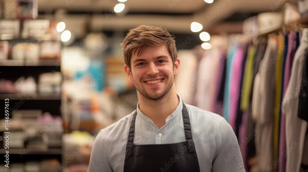 Portrait of a smiling happy friendly store employee in holiday shopping season Portrait of a smiling happy friendly store employee in holiday shopping season