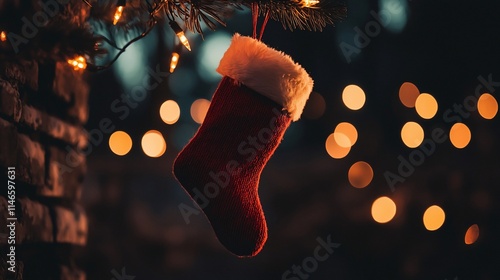 Red Christmas stocking hanging outdoors at night with lights. photo