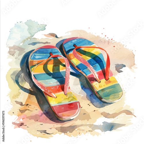 A watercolor vector of colorful flip-flops on a sandy beach, isolated on a white background. Colorful flip-flops sandy beach vector.
