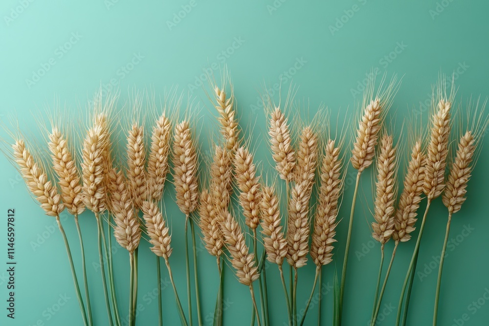 Wheat stalks standing tall against teal background: celebrating the harvest season Wheat stalks standing tall against teal background: celebrating the harvest season
