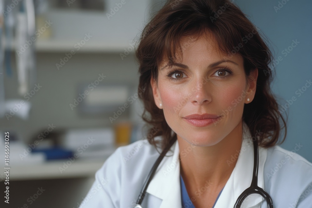 A focused female doctor poses confidently in a medical environment, wearing a stethoscope, symbolizing dedication, care, and professionalism in her medical practice. A focused female doctor poses confidently in a medical environment, wearing a stethoscope, symbolizing dedication, care, and professionalism in her medical practice.
