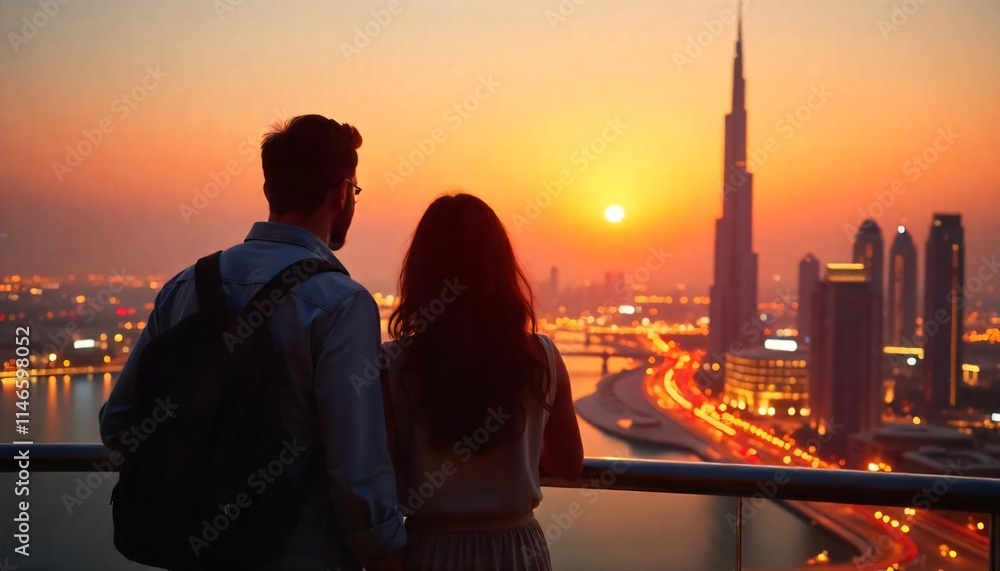 A hugging couple enjoys the beautiful sunset behind the skyline of city