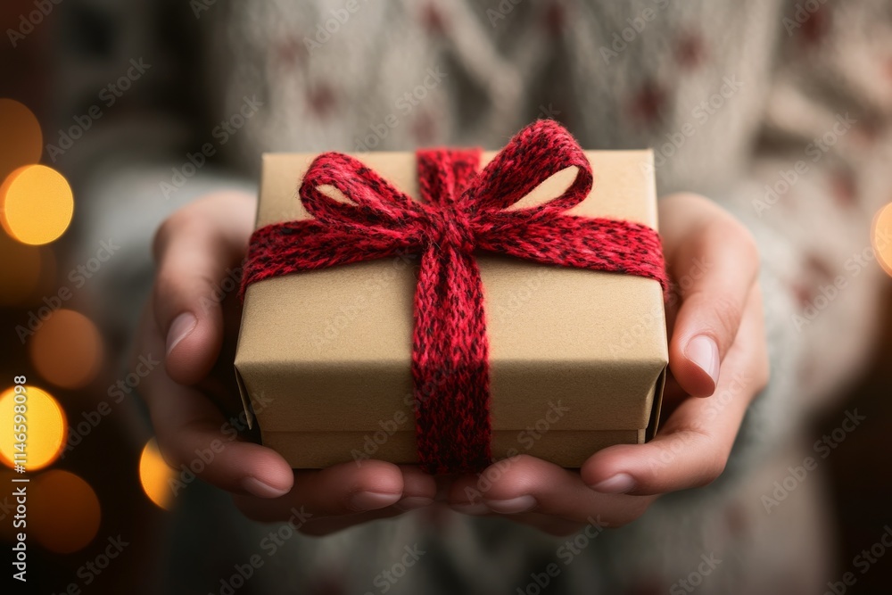 Hands Presenting a Beautifully Wrapped Gift Box with Red Ribbon Against a Warm, Festive Background Perfect for Celebrating Holidays and Special Occasions Hands Presenting a Beautifully Wrapped Gift Box with Red Ribbon Against a Warm, Festive Background Perfect for Celebrating Holidays and Special Occasions