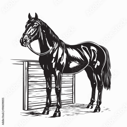 Elegant Black Stallion Posing Gracefully in Its Stable Vector Art for Equine-Themed Design Projects