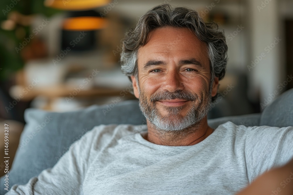 Portrait of smiling mature man relaxing on sofa at home Portrait of smiling mature man relaxing on sofa at home