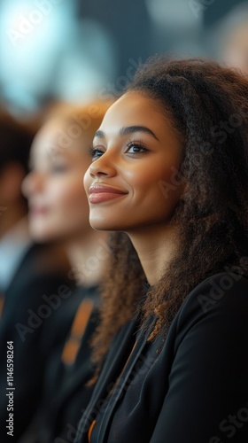 Wallpaper Mural Young businesswoman smiling and listening during a business conference meeting Torontodigital.ca