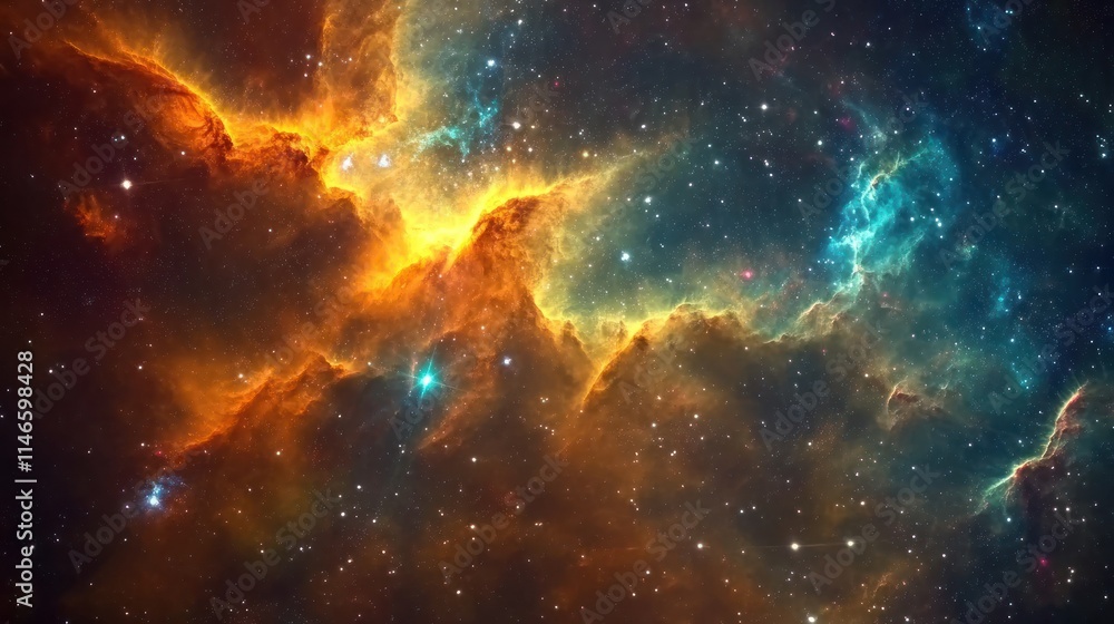 Naklejka premium Abstract geometric cosmos with star-like shapes and vibrant nebulae