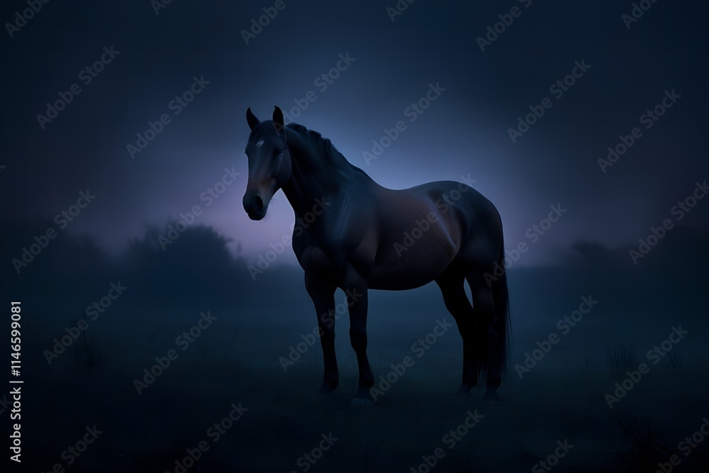 Naklejka premium horse in the dark background, Blue hour concept 