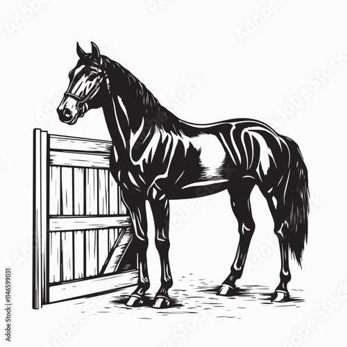 Majestic Black Horse Standing Proudly and Elegantly in Its Stable Vector Illustration for Art and Design