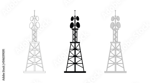 Antenna icon set. Wireless communication icons. Radio antenna icon. Communication tower icons. Radio tower icons. Transmitter, receiver, wireless signal icons. Transmitter tower. Radio tower. 