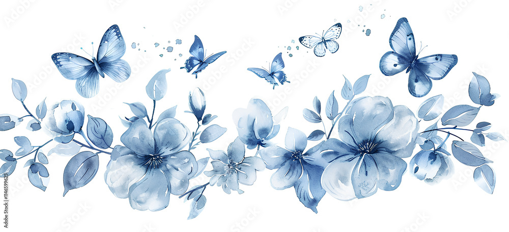 Obraz premium Watercolor featuring light blue and white leaves and butterflies on a white background