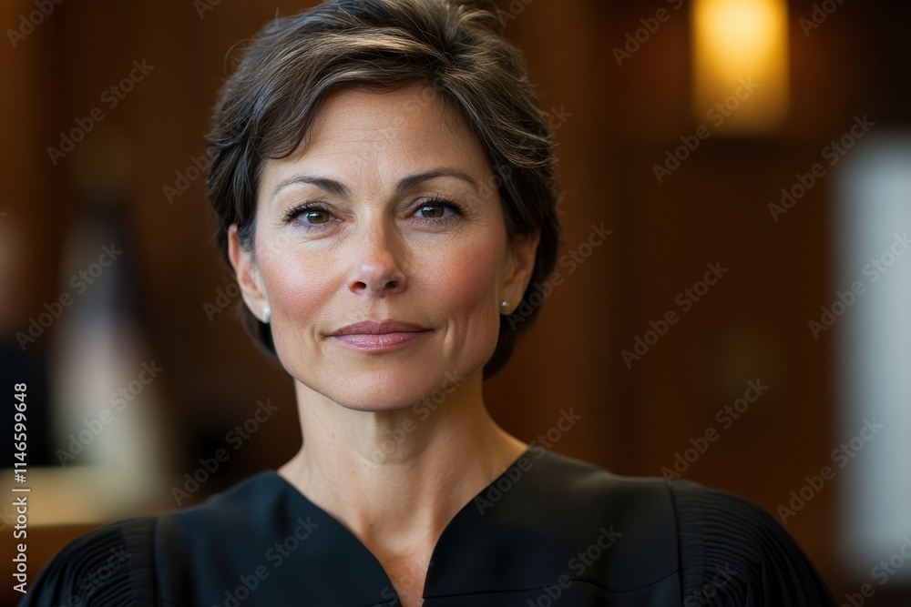 A confident female judge, dressed in her judicial robe, presents a serious expression in a courtroom, symbolizing authority and dedication to justice. A confident female judge, dressed in her judicial robe, presents a serious expression in a courtroom, symbolizing authority and dedication to justice.