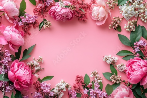 Pink peonies and lilac flowers creating a frame on pink background