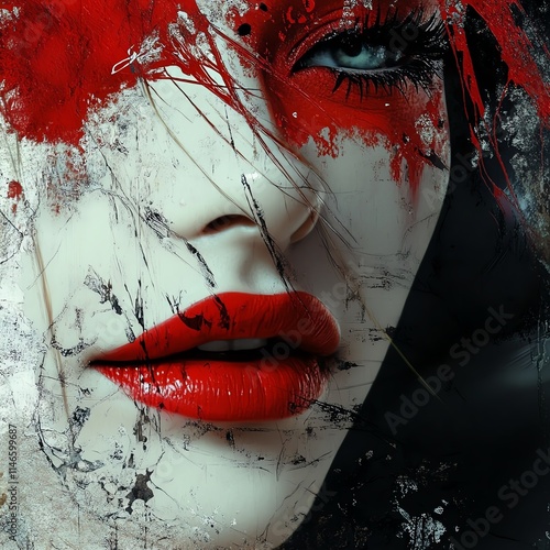 Artistic portrait with red accents, expressive features, and a modern aesthetic. photo