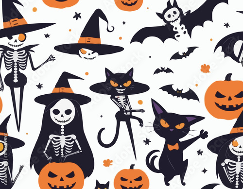 Cartoon Halloween characters with spooky vibes, witch skeleton vampire cat pumpkins, festive banner