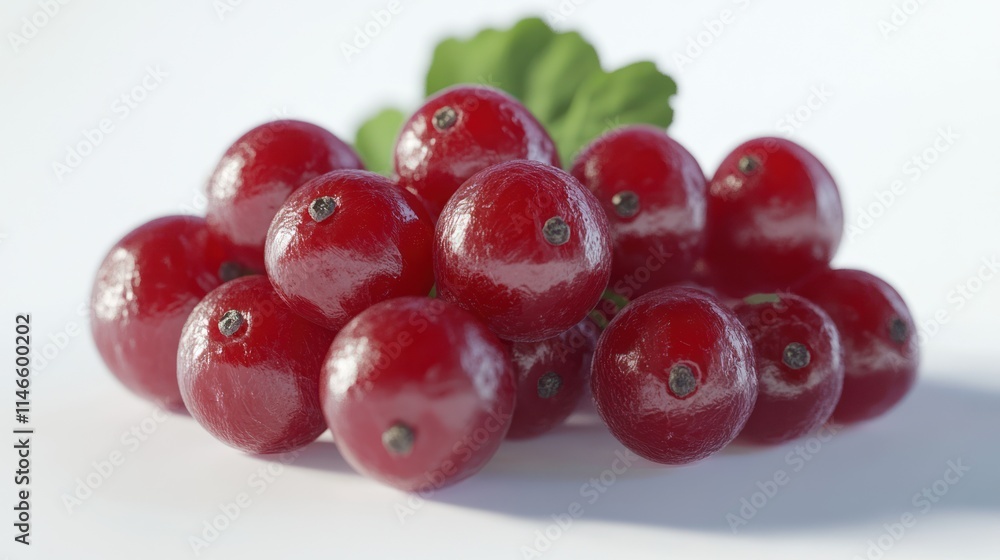 Close-up of fresh, red currants with a leaf.