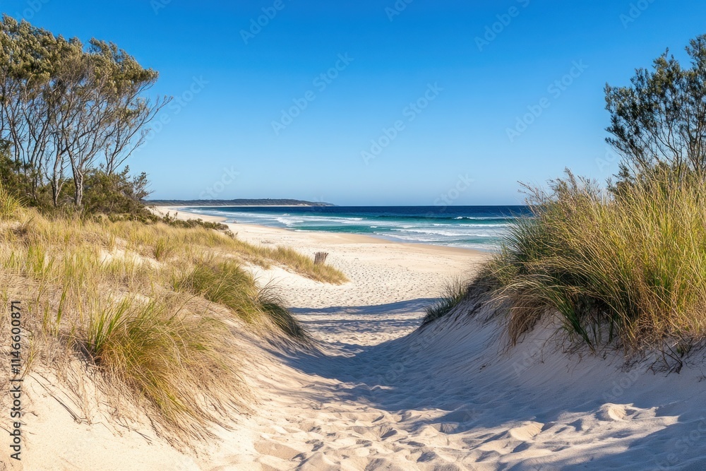 Serene Beach Pathway Surrounded by Lush Green Grass and Clear Blue Sky on a Tranquil Coastal Scene in the Afternoon Sunlight Serene Beach Pathway Surrounded by Lush Green Grass and Clear Blue Sky on a Tranquil Coastal Scene in the Afternoon Sunlight