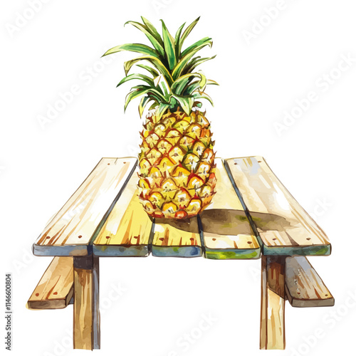 A watercolor illustration of a tropical pineapple on a picnic table, isolated on a white background. Tropical pineapple vector.
