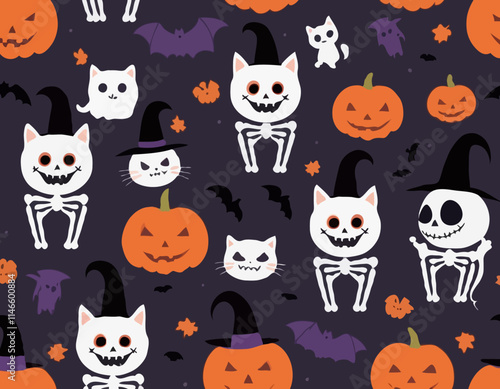 Cartoon Halloween characters with spooky vibes, witch skeleton vampire cat pumpkins, festive banner