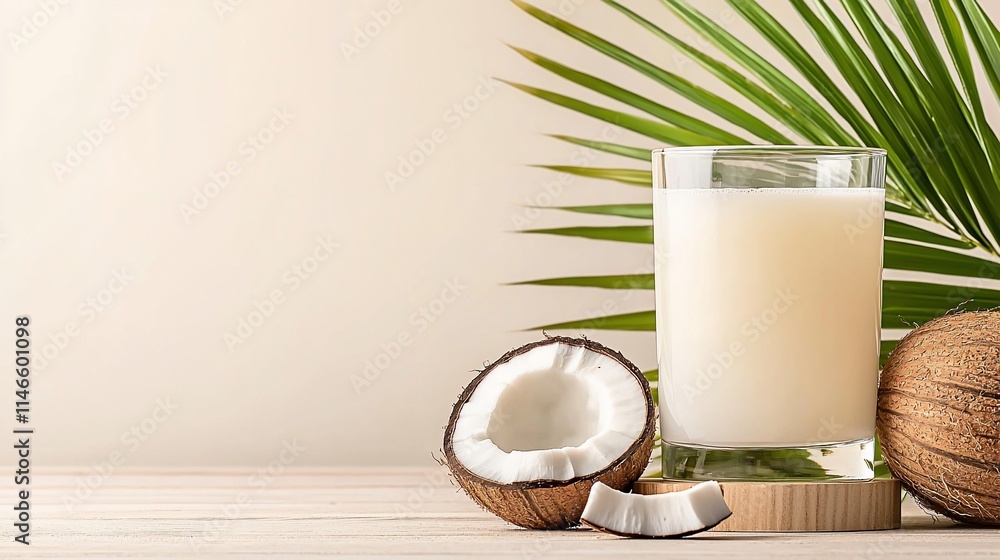 Refreshing coconut milk in a glass with coconut halves and palm leaves. Refreshing coconut milk in a glass with coconut halves and palm leaves.