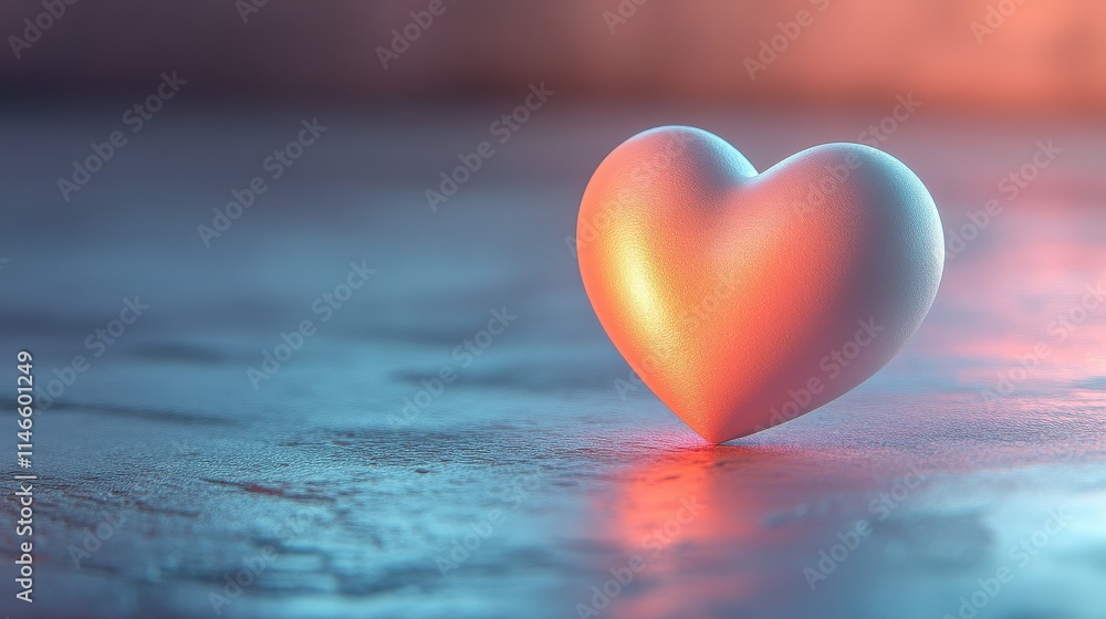 Fototapeta premium A glowing heart-shaped object rests on a reflective surface, radiating warmth and evoking feelings of love and affection.