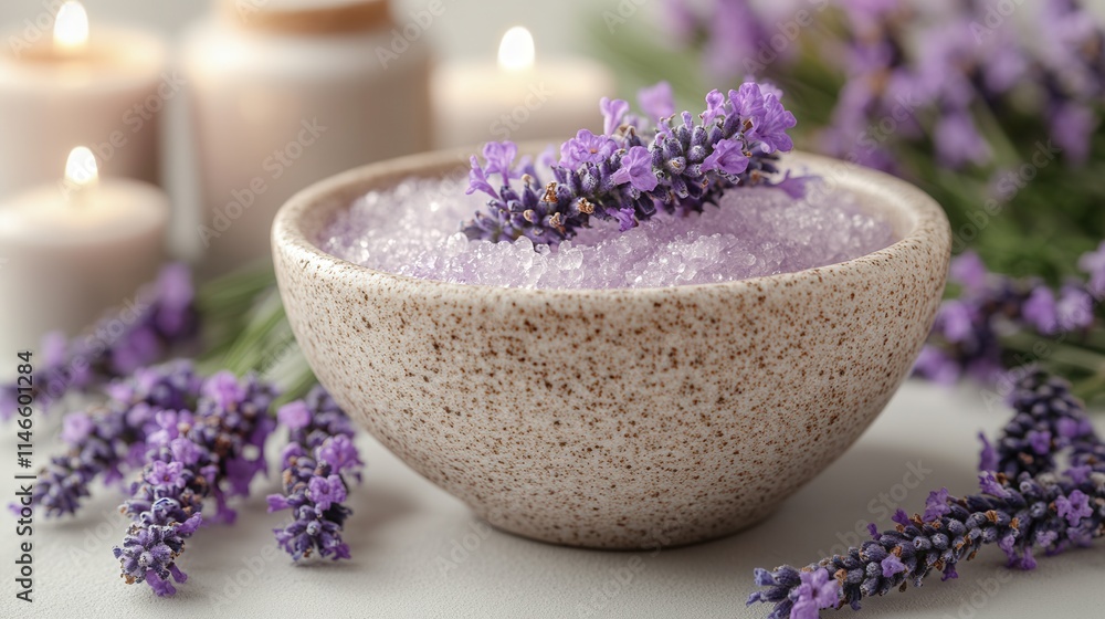 A serene arrangement of lavender bath salts in a bowl, surrounded by candles and flowers. A serene arrangement of lavender bath salts in a bowl, surrounded by candles and flowers.
